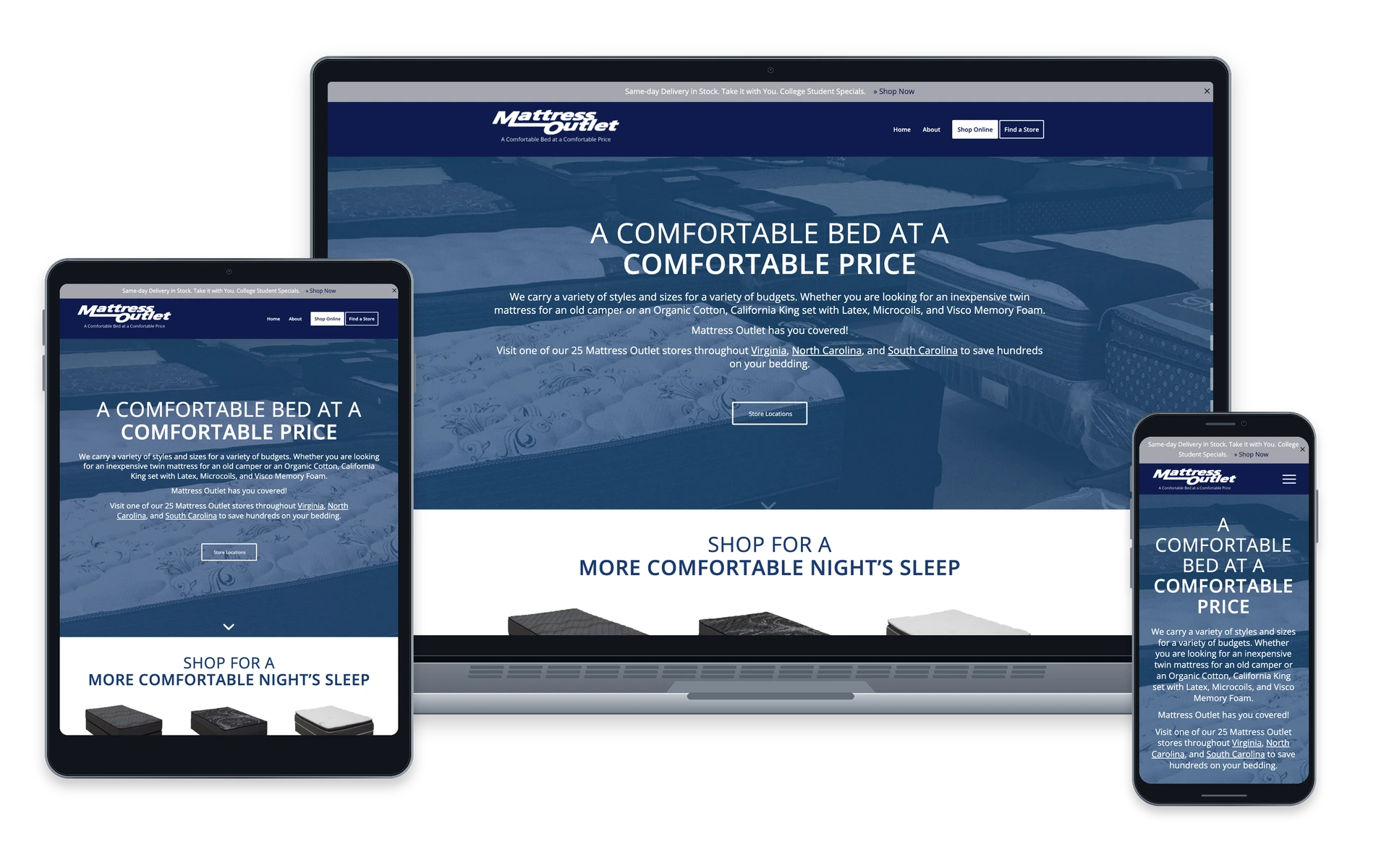 Mattress Outlet website — device overview