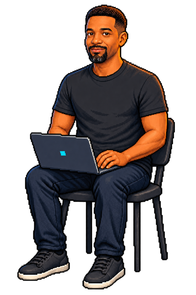 Pixel-art Jason Williams sitting upright at a laptop