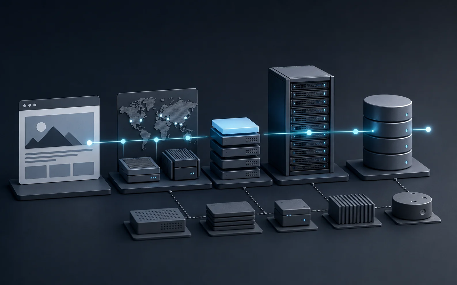 A browser, edge network, server, cache, and database performance pipeline.